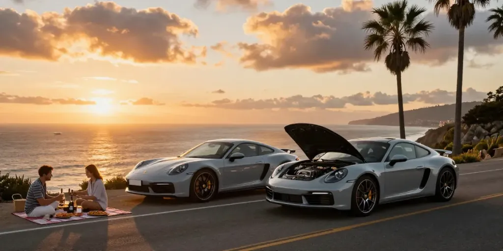 Noleggio lungo termine Porsche con auto sportive su strada costiera al tramonto.
