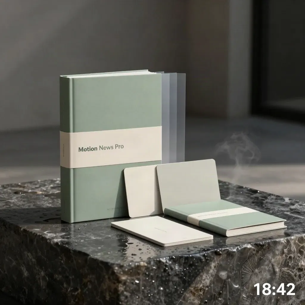 Cofanetto editoriale Motion News Pro su pietra bagnata con inserti e card anonima.