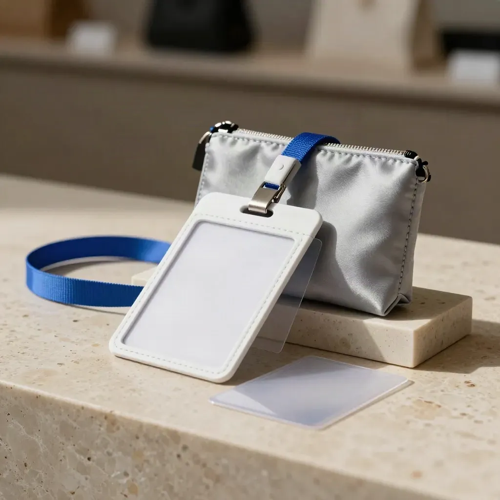 Kit accredito anonimo per festival su travertino, con badge, lanyard e card in luce laterale.