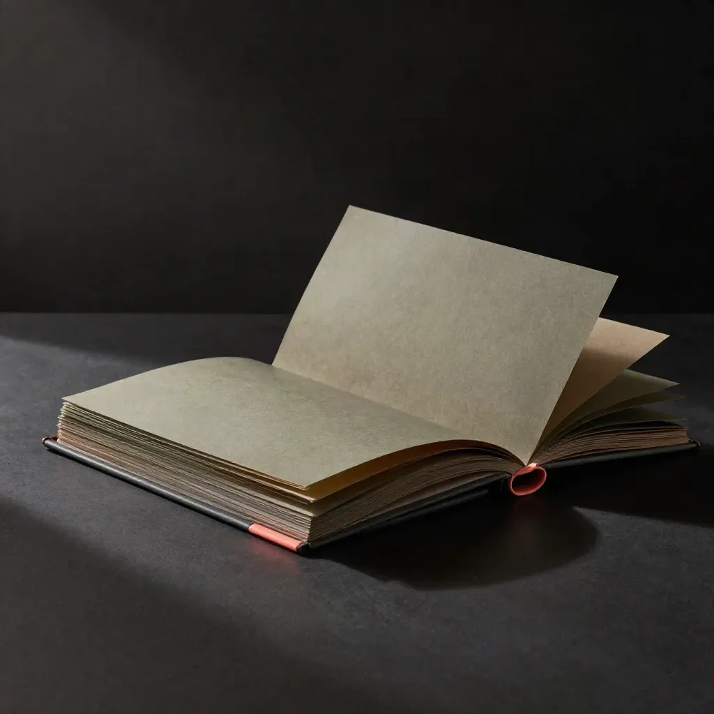 Dossier editoriale aperto con divisori sottili su fondo nero, luce drammatica e accento corallo.