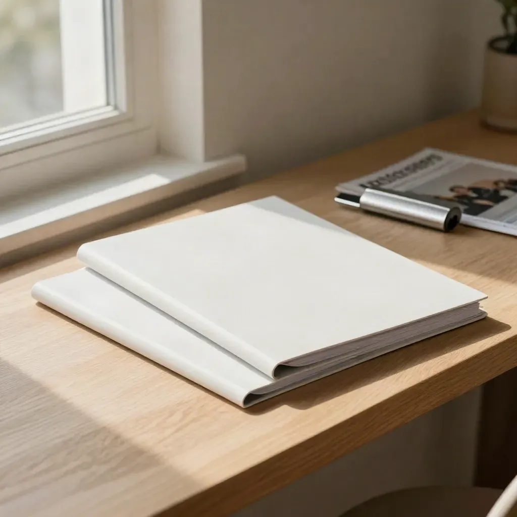 Kit Motion News su legno chiaro con folio bianchi e accessorio metallico in luce morbida.
