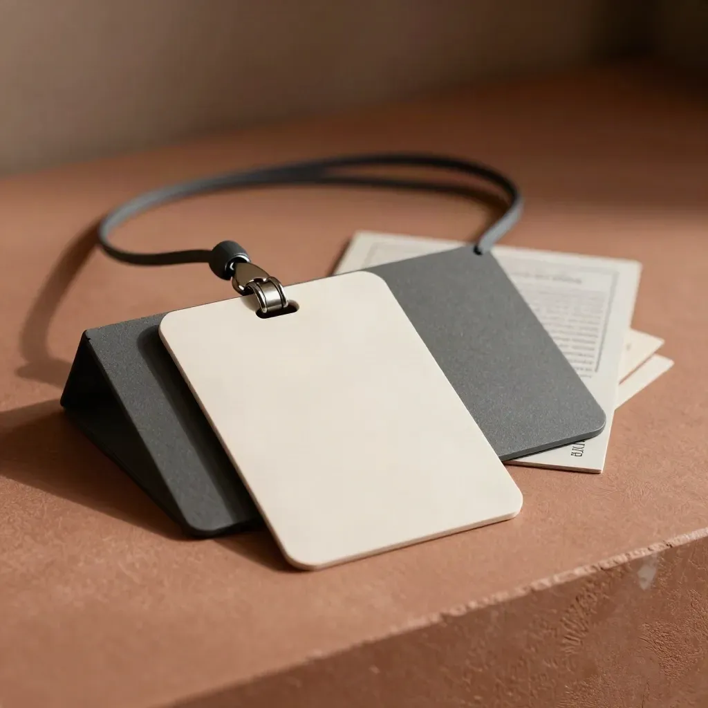 Set elegante di pass festival anonimi con cordino, bustina e inserti editoriali su terracotta.