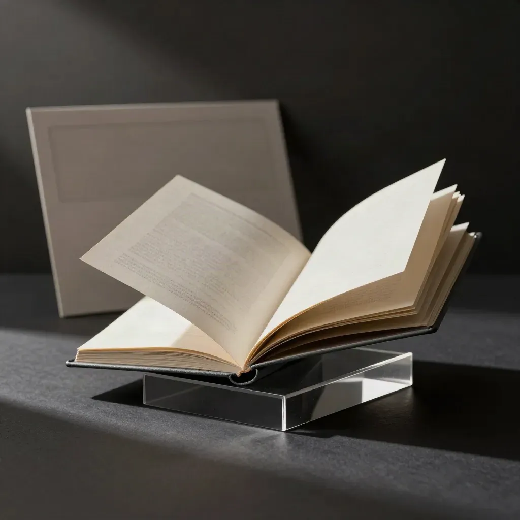 Libro compatto AI Video su blocco trasparente, pagina aperta e ombra diagonale su fondo scuro.