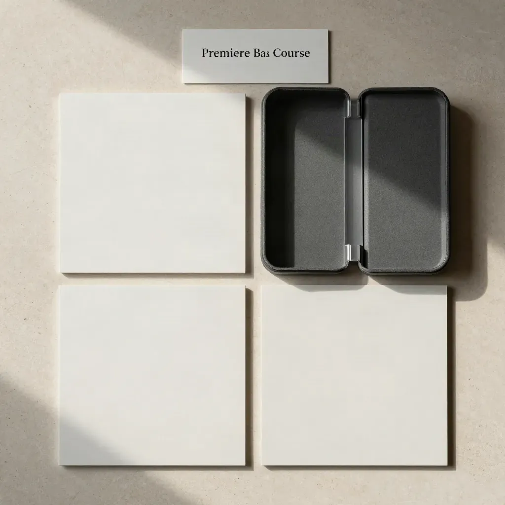 Flatlay dall’alto di un kit corso Premiere Base con quattro card, custodia compatta e tab neutri.