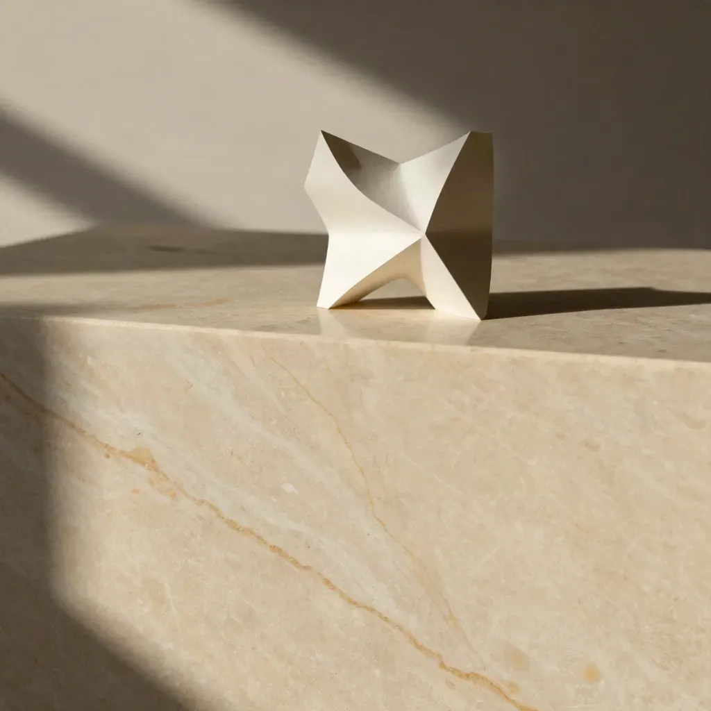 Superficie di marmo caldo con scultura astratta e ombre di persiana, zona bassa libera per il testo