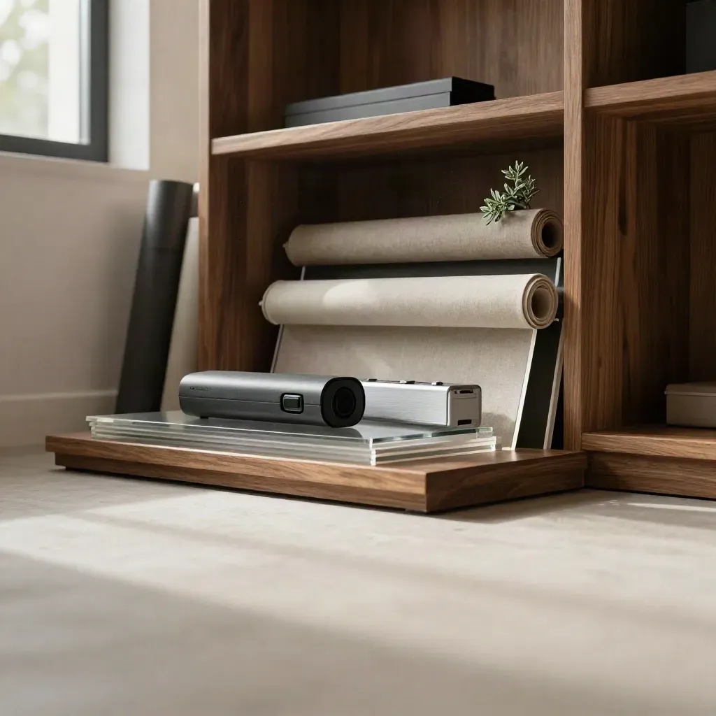 Interno caldo di studio motion design con mensole sfocate, luce pomeridiana e oggetti in alto